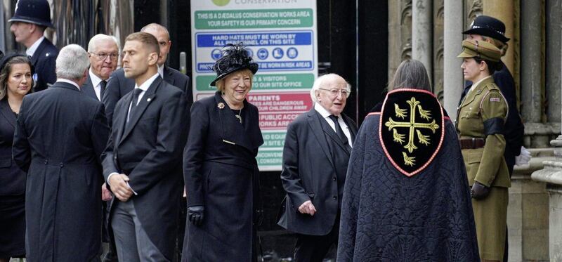 President Michael D Higgins and his wife Sabina arriving at the funeral of Queen Elizabeth II. Picture by Peter Byrne/PA Wire 