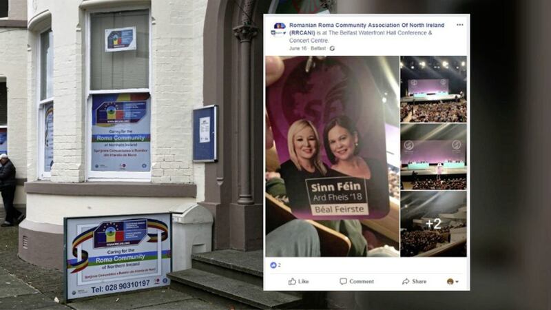 The Romanian Roma Community Association, and inset, images posted on its Facebook page from Sinn Fein&#39;s party conference 