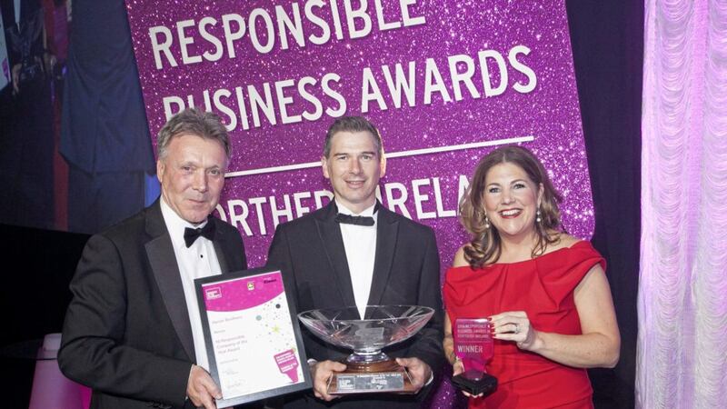 Heron Bros picked up the top accolade at NI Responsible Company of the Year Awards. Pictured accepting their award is Noel Mullan from Heron Bros with Michelle Hatfield from category sponsor George Best Belfast City Airport and Kieran Harding (Business in the Community) 