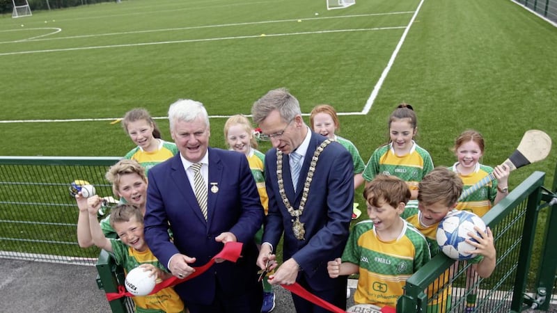 The GAA&#39;s Aog&aacute;n &Oacute; Feargha&iacute;l with DUP Belfast lord mayor Brian Kingston earlier this year officially opening the refurbished Woodlands Playing Fields in west Belfast. Picture by Ann McManus 