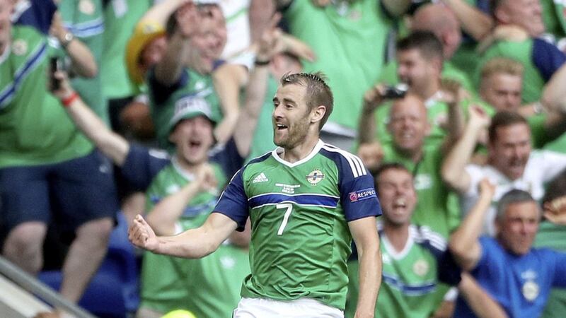 Northern Ireland&#39;s Niall McGinn celebrates scoring his side&#39;s second goal against Ukraine at Euro 2016. 