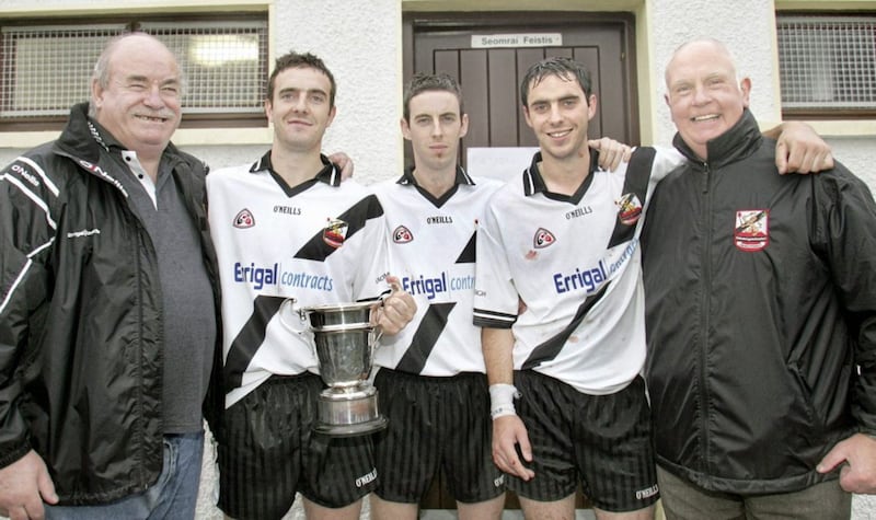 The Hinphey family pictured following Kevin Lynch's Dungiven win over Banagher in the Derry Senior Hurling Championship Final 2007. Included are team manager Liam Hinphey (on left) his sons Kevin, Kieran and Liam &Oacute;g, with their uncle Colm. Picture by Margaret McLaughlin