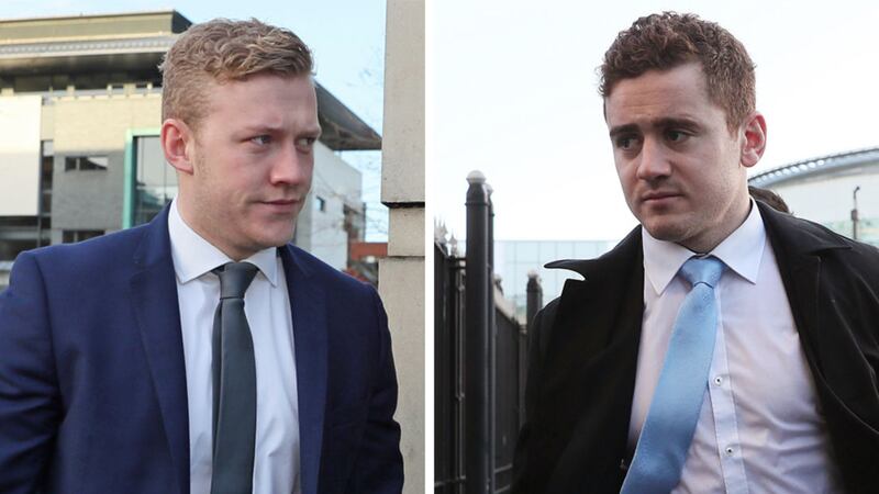 Ulster rugby Stuart Olding (left) and Paddy Jackson pictured at a previous court hearing. They are on trial accused of raping a woman at a property in south Belfast in June 2016&nbsp;