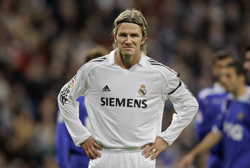 Real Madrid's English player David Beckham reacts before been sent off during a Spanish league soccer match against Getafe at the Bernabeu stadium in Madrid on Saturday Dec 3 2005.&nbsp;