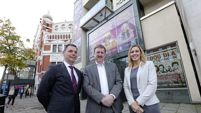 Gary Keegan, left, guest speaker at the 'Growing Something Brilliant' event in Belfast, pictured with Dermot McArdle, Head of Markets at Electric Ireland, and Louise Turley, Head of Campaigns &amp; Events at the NI Chamber of Commerce.<br /> Pic: Kelvin Boyes