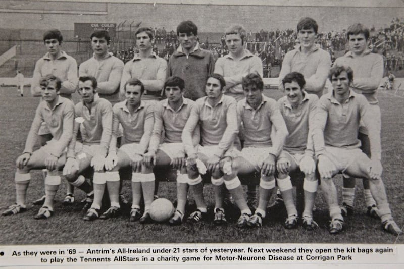 The Antrim U21 All-Ireland winning team at Croke Park in 1969. Danny &#39;Din Joe&#39; McGrogan, collars up, is front row, second from the left 