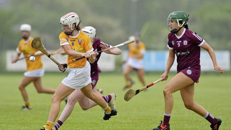 Antrim&#39;s Lucia McNaughton in action in her team&#39;s win over Galway in Saturday&#39;s National Camogie League Division Two quarter final Ashbourn, Co Meath Picture: Bert Trowlen. 