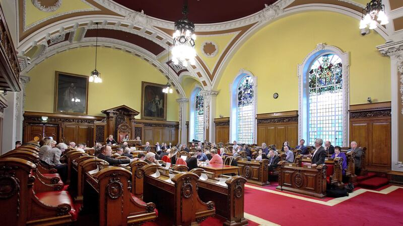 Nichola Mallon presides as Lord Mayor over the final meeting of Belfast City Council in March 2015. Picture by Cliff Donaldson&nbsp;