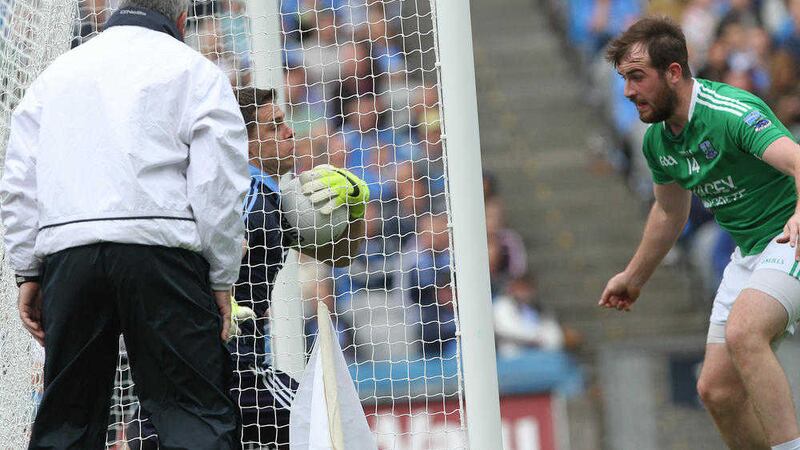 Fermanagh's Sean Quigley sees Dublin 'keeper Stephen Cluxton across the line at Croke Park