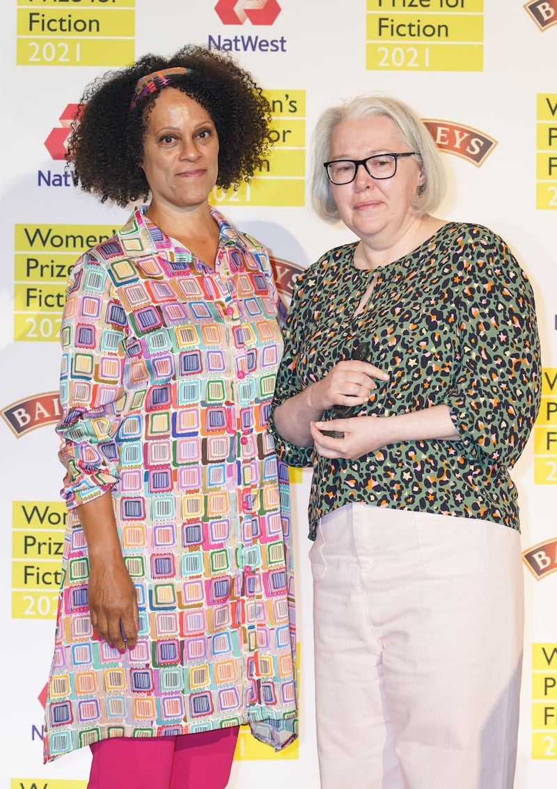 Bernadine Evaristo (left) presents the Women’s Prize for Fiction award 2021 to Susanna Clarke 