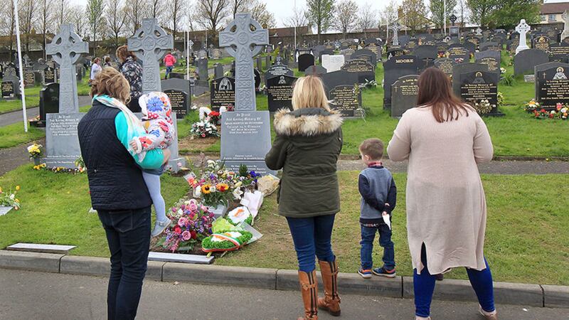 Visitors at the grave of Martin McGuinness in Derry City Cemetery. Picture: Margaret McLaughlin&nbsp;