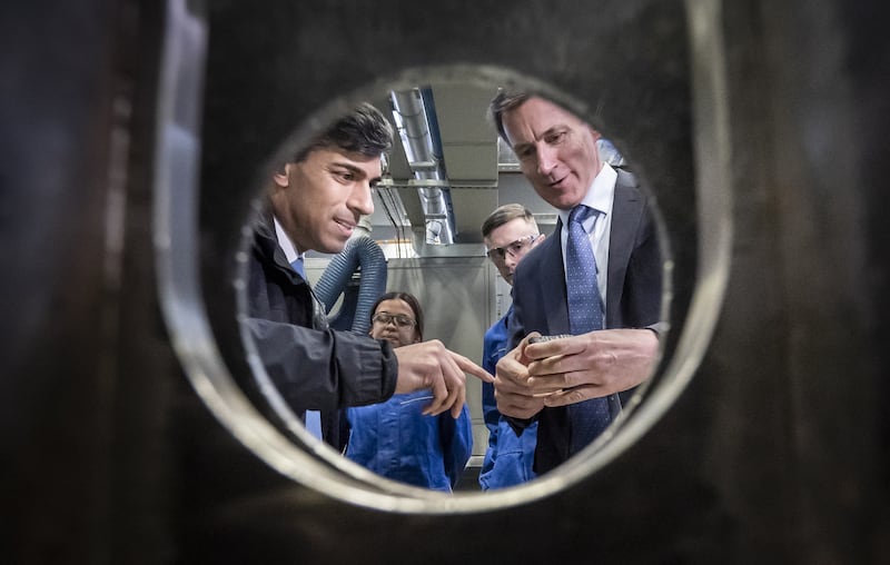Prime Minister Rishi Sunak and Chancellor Jeremy Hunt during a visit to BAE Systems Submarines in Barrow-in-Furness, Cumbria