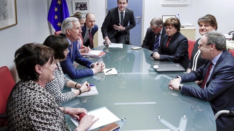 The DUP delegation led by Arlene Foster meet European Union chief Brexit negotiator Michel Barnier and officials in Brussels. Picture by Yves Herman 