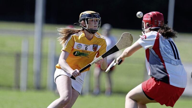 Antrim&#39;s Cliodhna Donnelly in action against Derry&#39;s Claire Mulholland during last year&#39;s Ulster Minor Camogie semi-final in Swatragh 