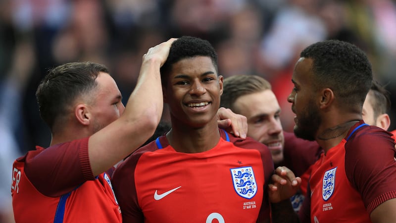 Marcus Rashford is congratulated by his England team-mates after scoring against Australia at the Stadium of Light on Friday <br />Picture by PA&nbsp;