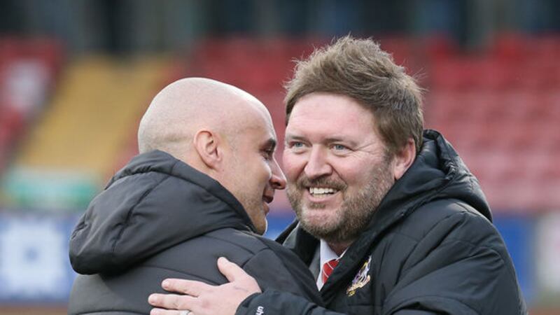 Portadown's manager Niall Currie and Cliftonville's manager Gerard Lyttle during todays game at Shamrock Park, Portadown.  Photo by David Maginnis/Pacemaker Press&nbsp;