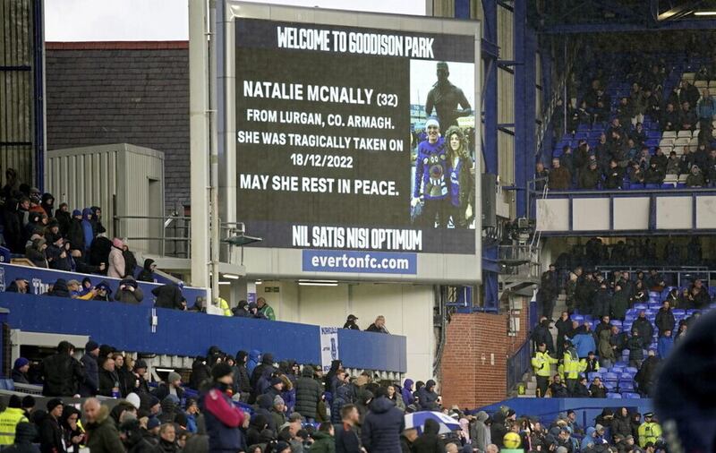 A tribute in memory of Natalie McNally is displayed prior to the Premier League match between Everton and Southampton at Goodison Park on January 14