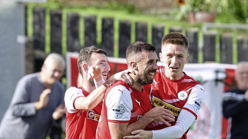 Cliftonville&#39;s Joe Gormley celebrates his second goal against Dungannon Swifts at Stangmore Park on Saturday Picture by Desmond Loughery/Pacemaker 