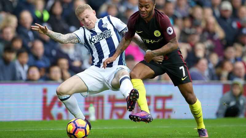 West Bromwich Albion's James McClean, left, and Manchester City's Raheem Sterling battle for the ball during the Premier League match at The Hawthorns, West Bromwich. Picture by Nick Potts, Press Association&nbsp;