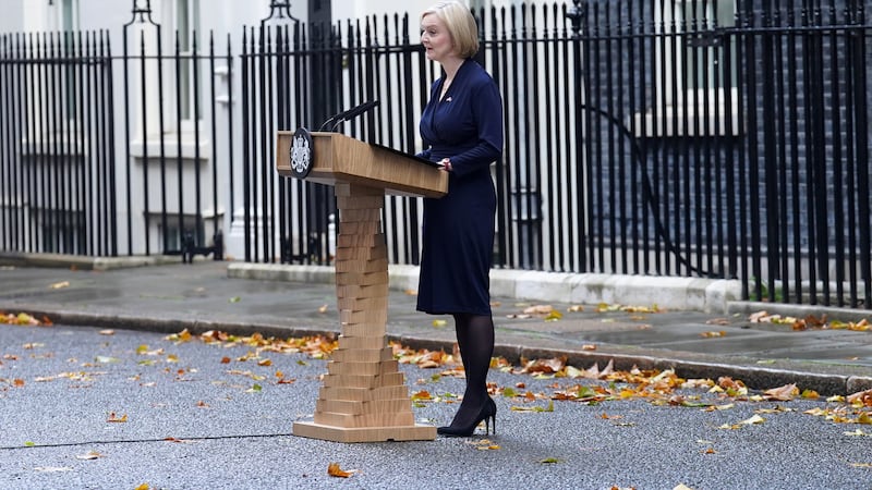 Liz Truss making a statement outside 10 Downing Street, London, where she announced her resignation as Prime Minister. 
