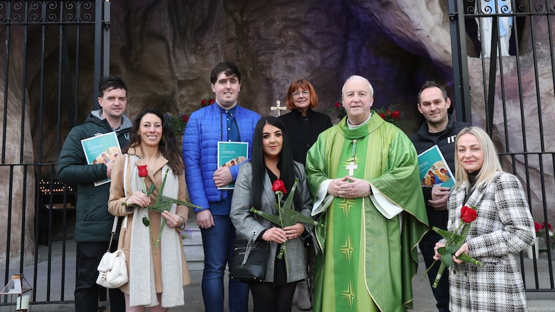Bishop Michael Router, Auxiliary Bishop of the Archdiocese of Armagh  with couples  Josefa Lasota and Nolan Devlin, from Lisburn (left) ,Megan Neeson and Ben McFetridge, from Belfast (centre)   and Andrea Tohill and Hugh Corr, from Lisburn  (right) at the blessing of engaged couples by Bishop Michael Router, at Saint Mary’s Grotto, Chapel Lane in Belfast city centre.
PICTURE COLM LENAGHAN