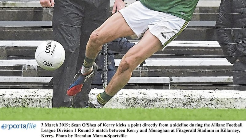 Football fans can only marvel at the way in which Sean O'Shea has mastered the art of kicking a point from the sidelines, having executed it twice already in this League campaign by Brendan Moran/Sportsfile