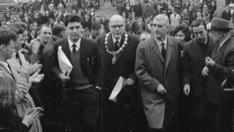 The campaign was led by a young John Hume, pictured with Derry's Ulster Unionist mayor Albert Anderson and Nationalist Party leader Eddie McAteer. Picture by Northern Ireland Screen's Digital Film Archive.