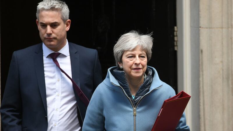 Britain's Brexit Secretary Stephen Barclay and Prime Minister Theresa May leave 10 Downing Street, London after a cabinet meeting&nbsp;