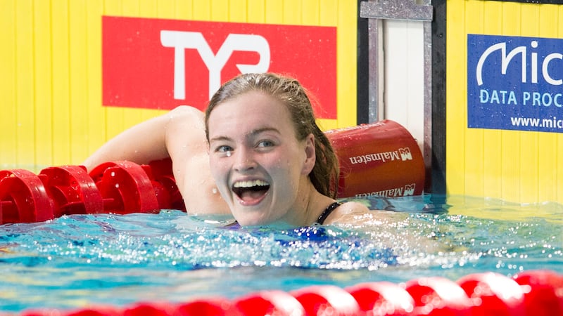 Ireland's Mona McSharry reacts after competing in the Women's 100m Breastroke semi-final during day three of the European Short Course Swimming Championships at Tollcross International Swimming Centre, Glasgow.