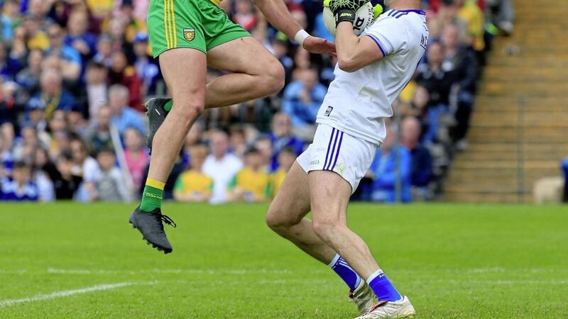 A brave save by Cavan's Raymond Galligan.<br /> Picture Philip Walsh