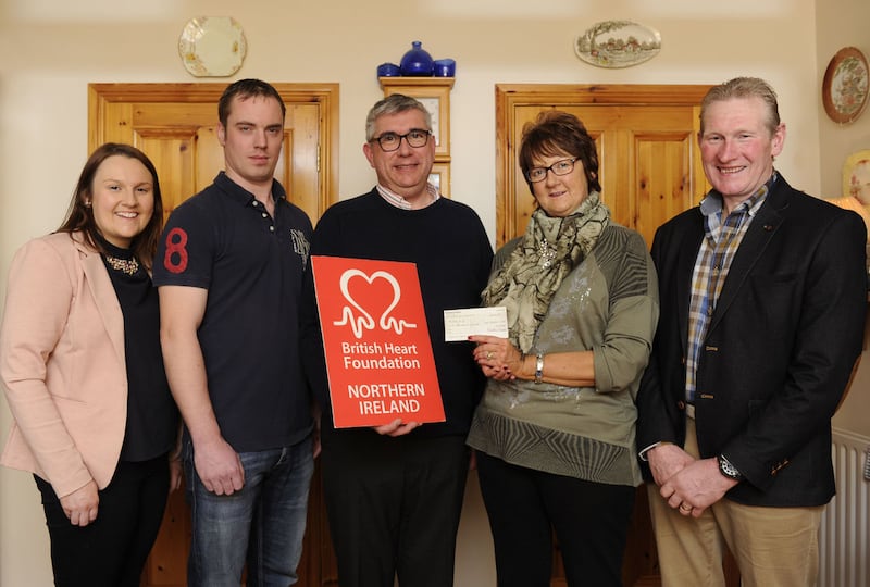 &nbsp;Pictured at the cheque presentation (from right to left) are Lindsey&rsquo;s parent Maurice and Heather Coulter, Gary Wilson fundraising manager at BHF NI, Lindsey&rsquo;s fianc&eacute; Brian Ellison and sister Alison.&nbsp;