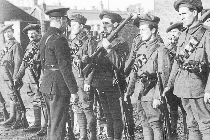 Members of the Royal Irish Constabulary&#39;s &#39;Black and Tans&#39; being inspected in the early 20th century.  
