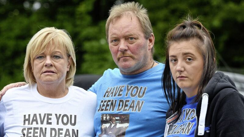 Dean McIlwaine&#39;s mother Karen, father Rod and partner Demi-Jo. Hundreds of volunteers gathered at Cavehill Park in Belfast to help search for missing Newtownabbey man Dean McIlwaine. Picture by Justin Kernoghan 