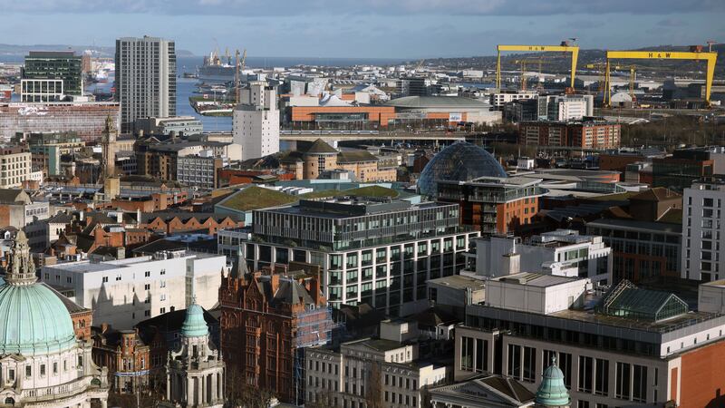 Landscape view of Belfast city centre's skyline, made up of buildings and the Harland and Wolff Cranes.