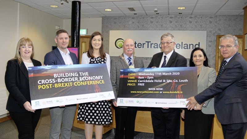 Launching the free conference are (from left) Riona McCoy SEDO Louth; Aidan Callan, Dundalk Chamber; Jessica Kane, Newry Chamber; Newry mayor Charlie Casey; Paddy Malone, Dundalk Chamber; Deirdre Maguire, InterTradeIreland; and Colm Shannon, Newry Chamber. 