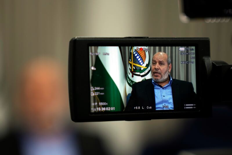 Hamas official Khalil al-Hayya speaking during an interview with The Associated Press, in Istanbul, Turkey, in April (Khalil Hamra/AP)
