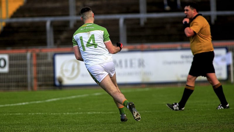 Glen&#39;s Danny Tallon wheels away after scoring the last-gasp penalty against Cargin in the Ulster Club SFC at Healy Park. Picture Seamus Loughran 