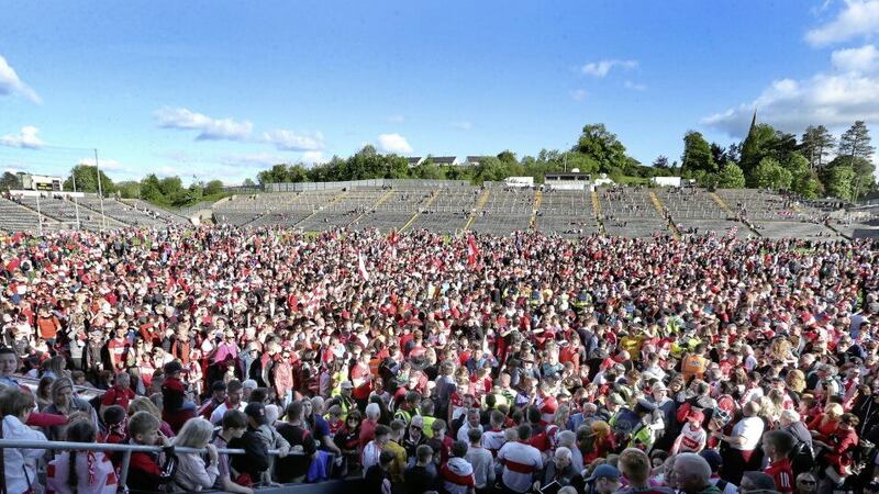A sea of red and white on the pitch after Derry beat Donegal in last year&#39;s Ulster final Picture: Margaret McLaughlin. 