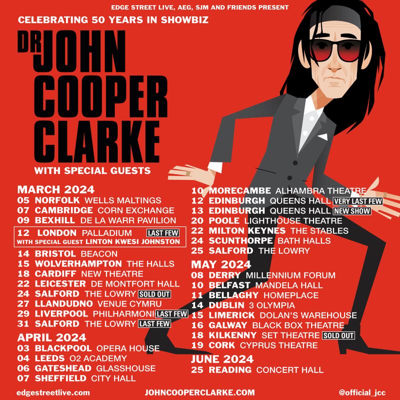 Dr John Cooper Clarke's Get Him While He's Still Alive! tour poster 2024