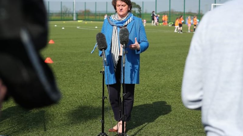 &nbsp;First Minister Arlene Foster during a visit to the Mid Ulster Sports Arena in Cookstown. Issue date: Thursday April 22, 2021.