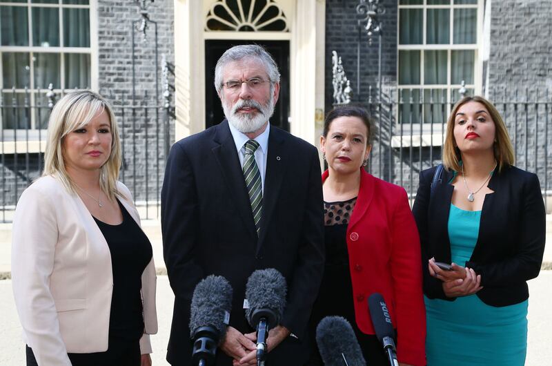 (left to right) Sinn F&eacute;in's Northern Ireland leader Michelle O'Neill, Sinn F&eacute;in President Gerry Adams, deputy leader Mary Lou McDonald and Foyle MP Elisha McCallion. Picture by Gareth Fuller, PA Wire&nbsp;