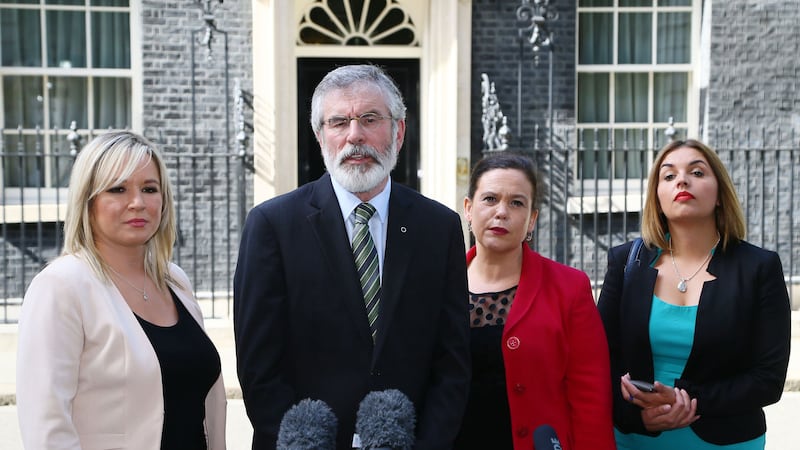 (left to right) Sinn F&eacute;in's Northern Ireland leader Michelle O'Neill, Sinn F&eacute;in President Gerry Adams, deputy leader Mary Lou McDonald and Foyle MP Elisha McCallion. Picture by Gareth Fuller, PA Wire&nbsp;