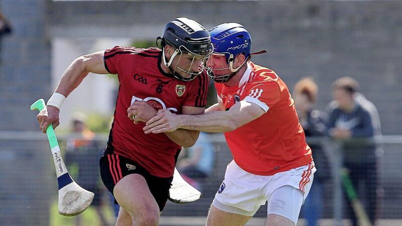 Down hurling captain Declan McManus in action against Armagh&#39;s Paul Gaffney in the Christy Ring Cup Group 2 game last Saturday. Pic Philip Walsh 