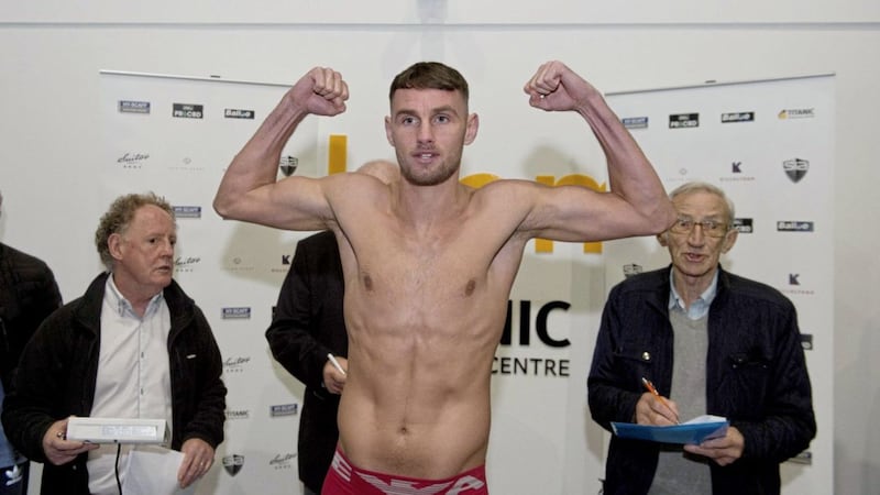 Sean McComb weighs in ahead of his fight tonight. Picture Mark Marlow 