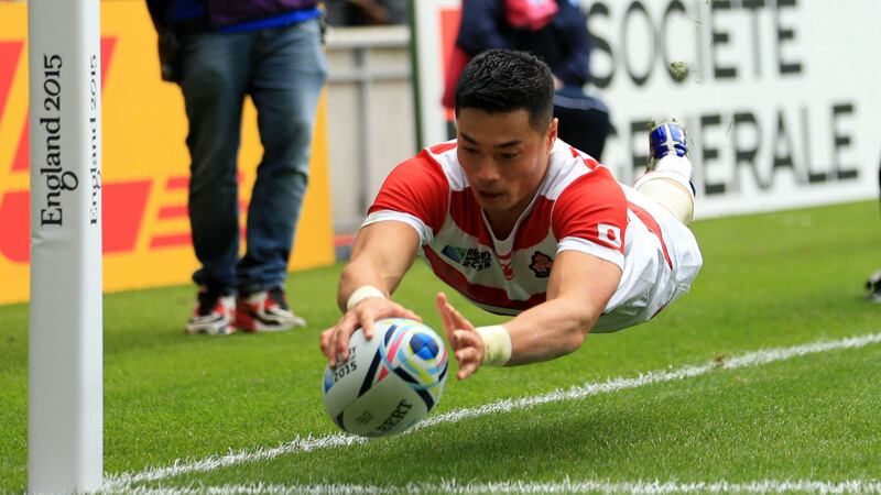 Japan's Akihito Yamada goes over for a try during Saturday's World Cup match against Samoa<br />Picture: PA