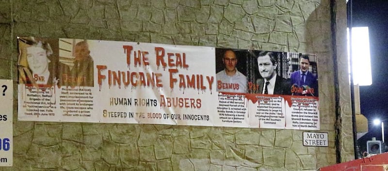 A banner targeting the Finucane family on Mayo Street, Belfast. Picture by Cliff Donaldson 