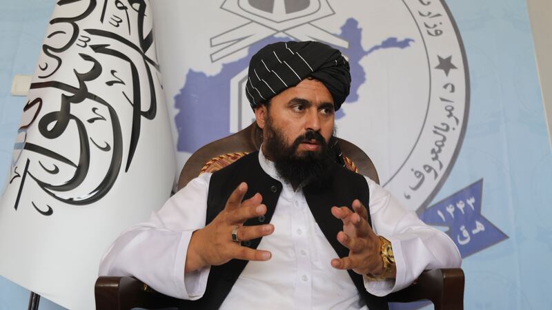 Molvi Mohammad Sadiq Akif, the spokesman for the Taliban’s Ministry of Vice and Virtue, speaks during an interview in Kabul, Afghanistan (Siddiqullah Alizai/AP)