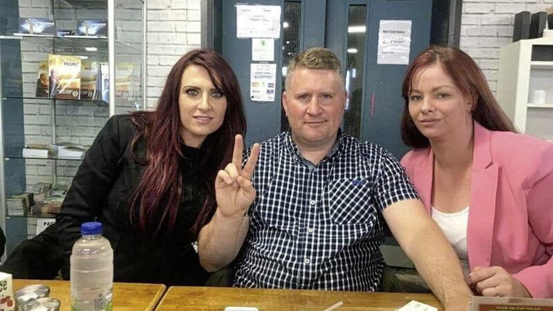 Paul Golding, the leader of Britain First, with Jayda Fransen, its deputy leader (left), and independent Belfast councillor Jolene Bunting (right). Picture from Twitter 