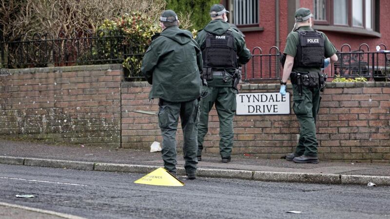 PSNI officers in the Tyndale Drive area of Ballysillan in north Belfast following a shooting incident which took place on Tuesday evening. Picture by Ann McManus. 