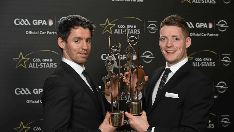 Tyrone's Mattie Donnelly and Monaghan's Conor McManus with their football Allstar awards. The pair were honoured at Friday night's ceremony in Dublin. Picture by Sportsfile&nbsp;